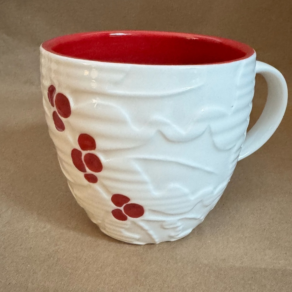 Starbucks 2010 Holiday Hand Painted Red and White Holly Mug. 4” by 4”